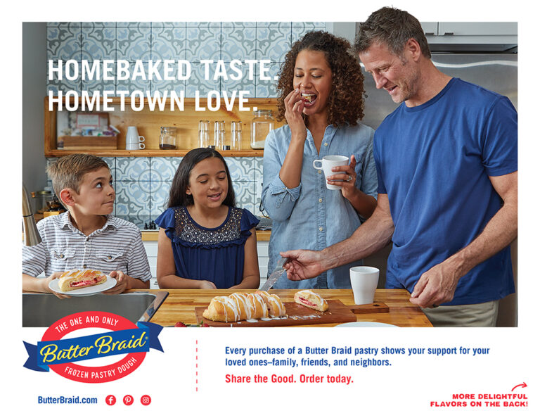 Family eating pastries at a kitchen island - Butter Braid Pastry order form front with logo "Every purchase of a Butter Braid Pastry shows your support for your loved ones - family, friends, and neighbors. Share the Good. Order Today."